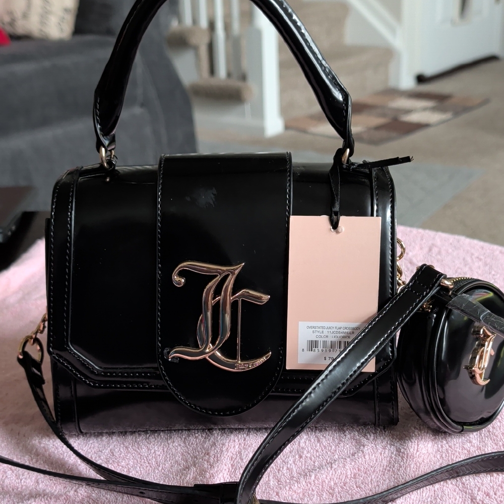 Black Patent Top-Handle Crossbody Bag with Gold Logo